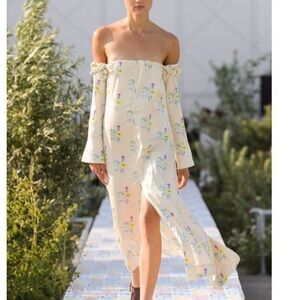 Ganni Floral Print Off the Shoulder Long Sleeve Crinkled Satin Maxi Dress